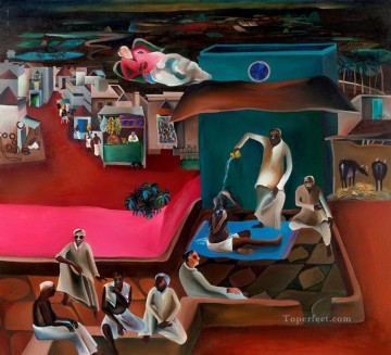 family portrait in a landscape Painting - Bhupen Khakhar Death in the Family from India